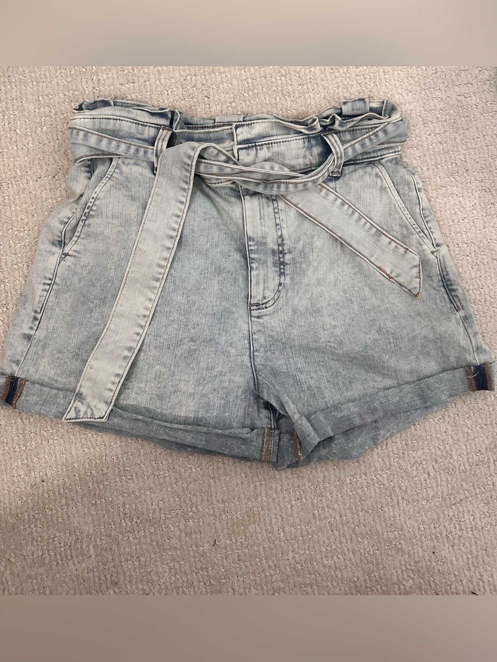 Express Light Blue Paperbag Waist Denim Shorts with Tie Belt